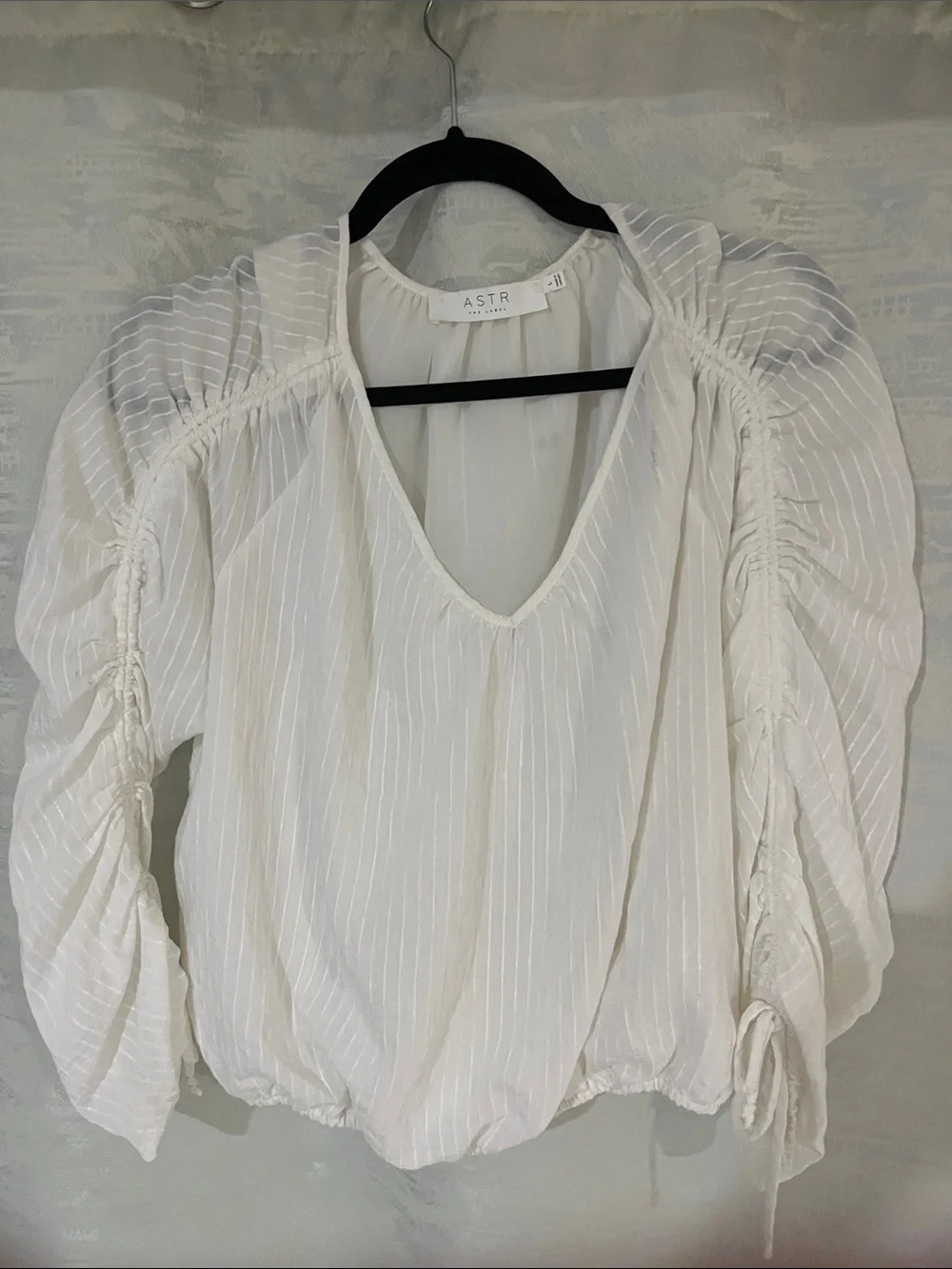 Astr White V-Neck Puff Sleeve Blouse with Drawstring Detail
